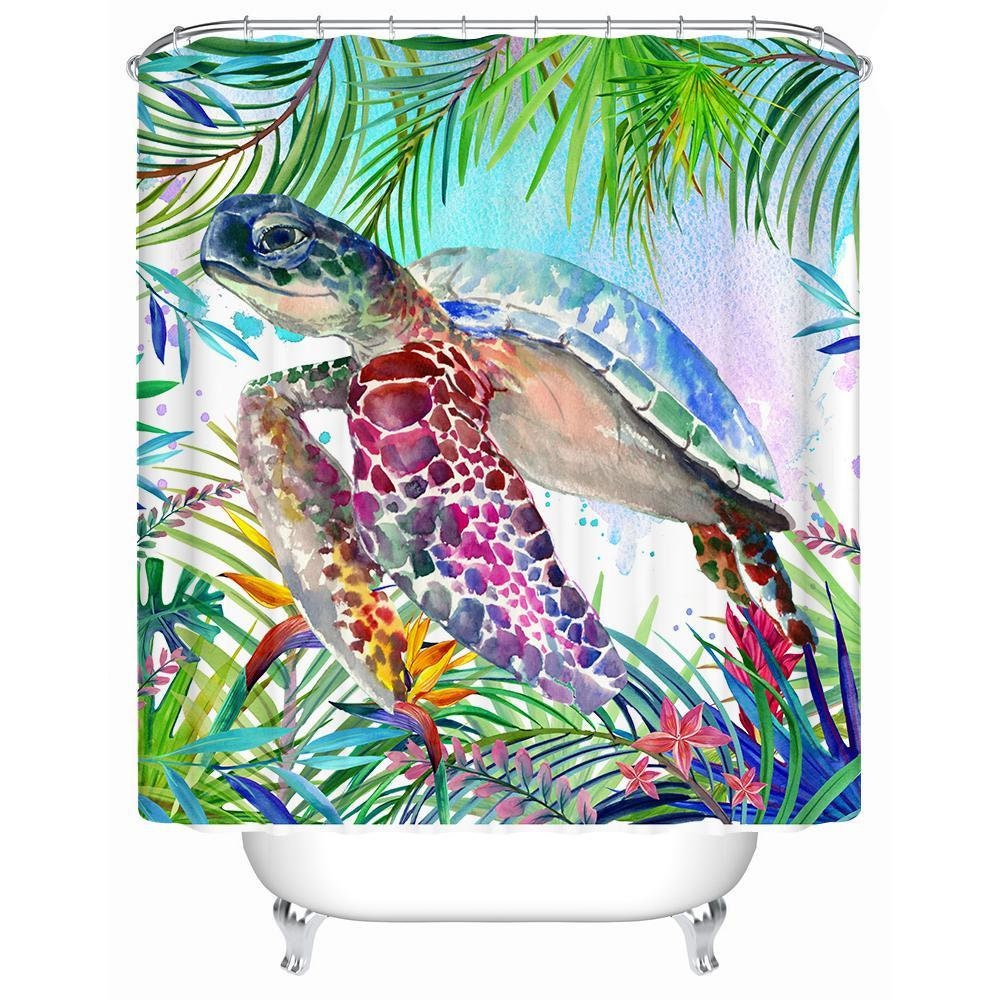 Hawaiian Style: Sea Turtle Shower Curtain for Palm Leaves and Flowers Bathroom Decor