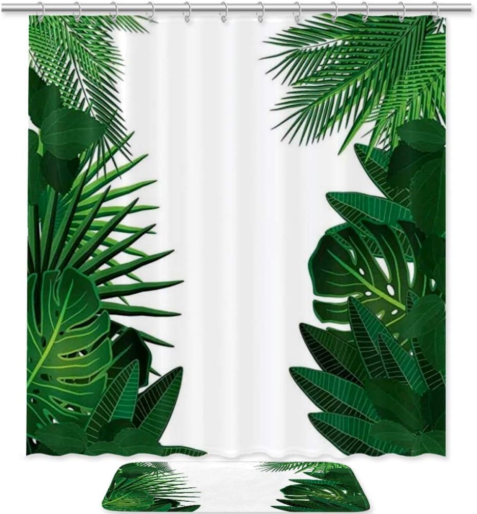 Hawaiian Tropical Palm Leaves Fabric Shower Curtain Liner With Floral Graphic Artwork Print