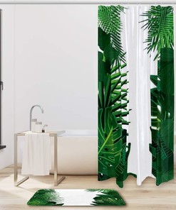 Hawaiian Tropical Palm Leaves Fabric Shower Curtain Liner With Floral Graphic Artwork Print