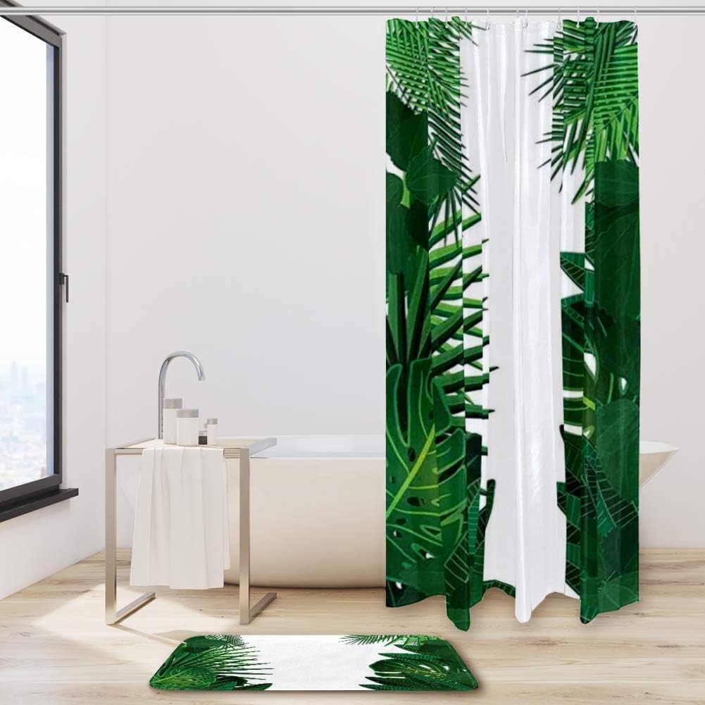 Hawaiian Tropical Palm Leaves Fabric Shower Curtain Liner With Floral Graphic Artwork Print