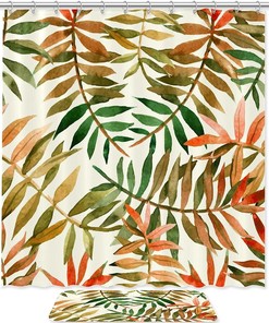 Hawaiian Watercolor Leaves Nature Luxury Shower Curtain Set Waterproof Washable
