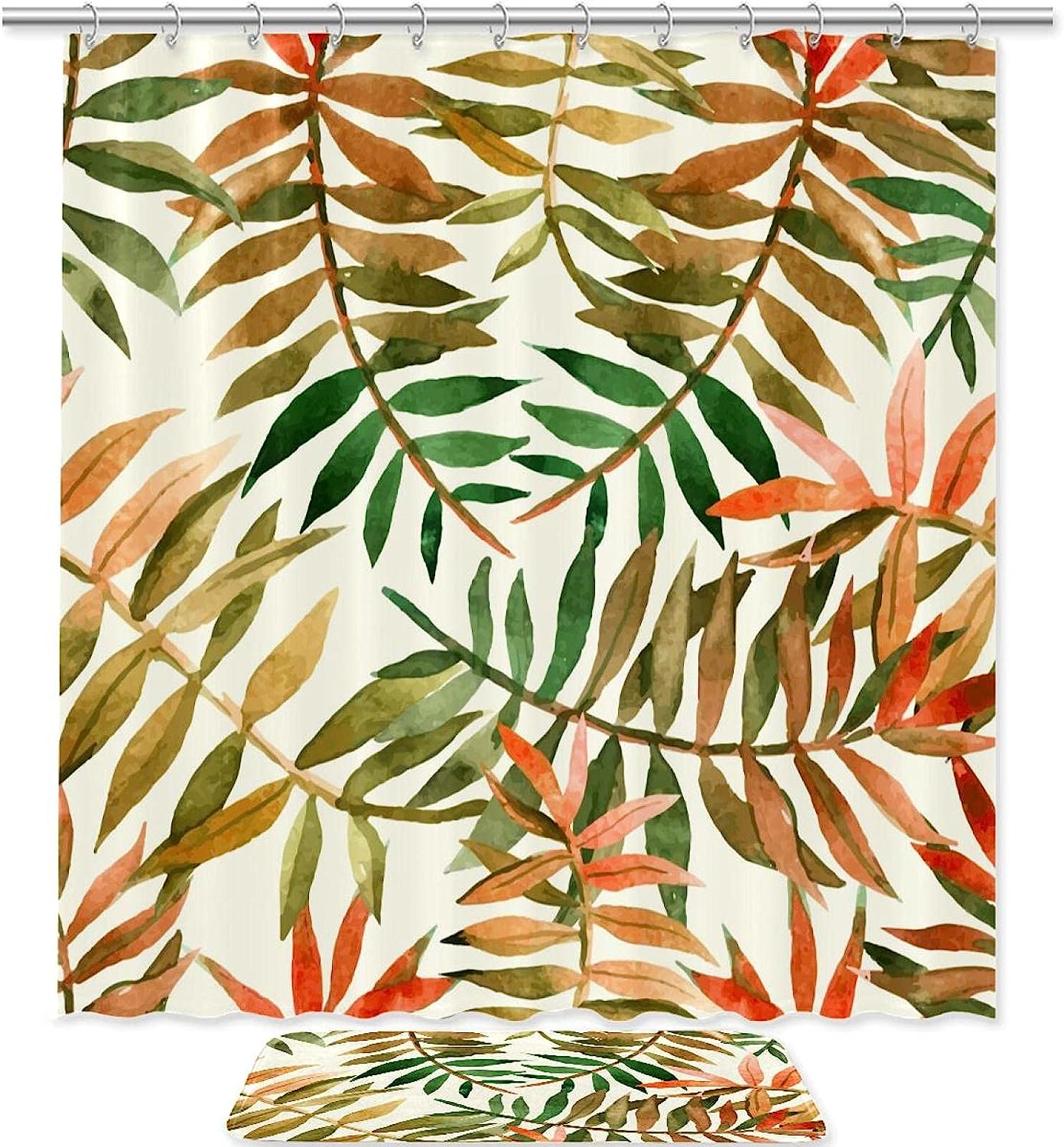 Hawaiian Watercolor Leaves Nature Luxury Shower Curtain Set Waterproof Washable
