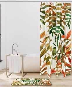 Hawaiian Watercolor Leaves Nature Luxury Shower Curtain Set Waterproof Washable