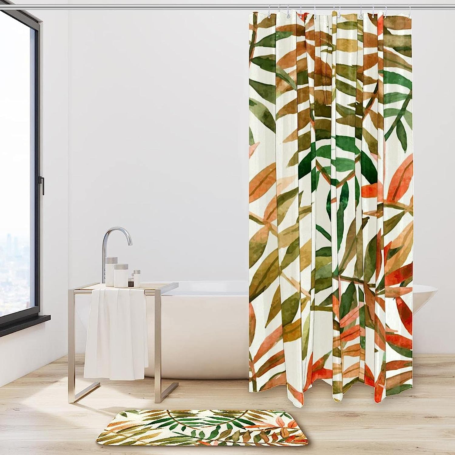 Hawaiian Watercolor Leaves Nature Luxury Shower Curtain Set Waterproof Washable