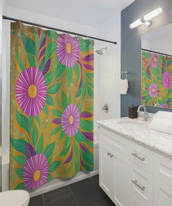 Hawaiian-Inspired Purple and Green Floral Shower Curtain for a Tropical Bathroom