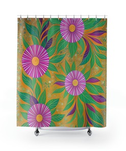 Hawaiian-Inspired Purple and Green Floral Shower Curtain for a Tropical Bathroom