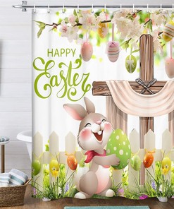 He Is Risen Easter Rabbit Shower Curtain Set for Bathroom, Rustic Floral Holiday Accessories with 12PCS