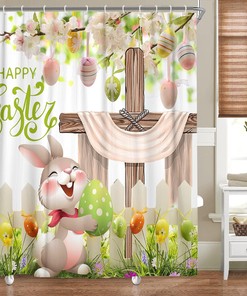 He Is Risen Easter Rabbit Shower Curtain Set for Bathroom, Rustic Floral Holiday Accessories with 12PCS
