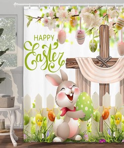 He Is Risen Easter Rabbit Shower Curtain Set for Bathroom, Rustic Floral Holiday Accessories with 12PCS