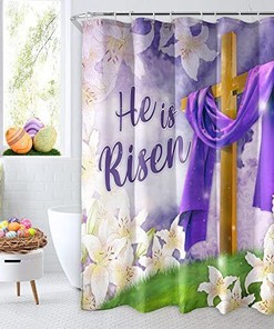He Is Risen Easter Shower Curtain With Religious Quotes And Spring Design