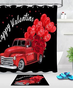 Heart Balloon Roses Retro Truck Shower Curtain for Bathroom Decor on Valentine's Day