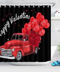 Heart Balloon Roses Retro Truck Shower Curtain for Bathroom Decor on Valentine's Day
