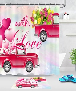 Heart Balloons Flowers Pink Truck Valentine's Day Shower Curtain for Bathroom