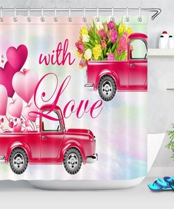 Heart Balloons Flowers Pink Truck Valentine's Day Shower Curtain for Bathroom
