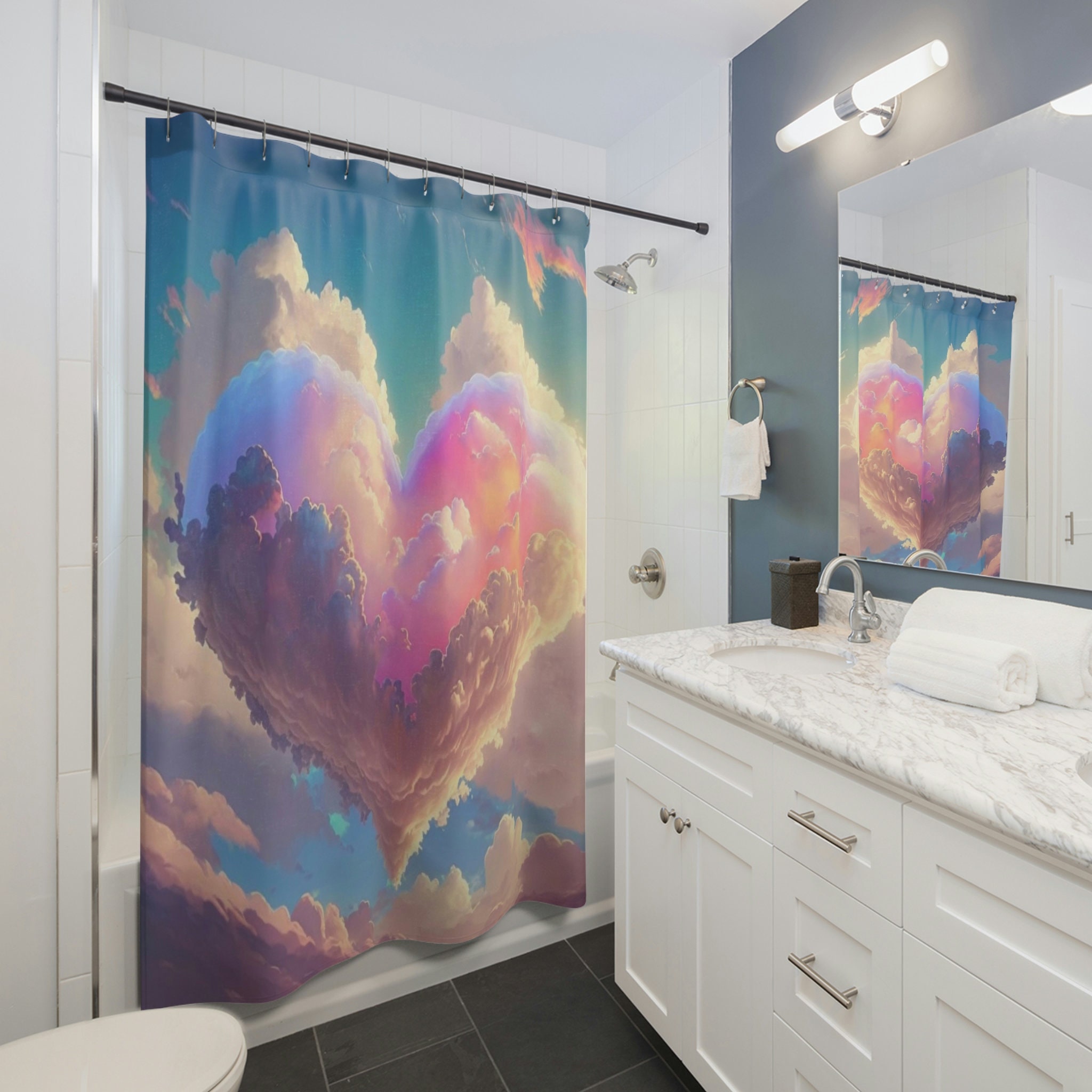 Heart Cloud Puffy Shower Curtain, Valentines Day Gift for Mom and Girls