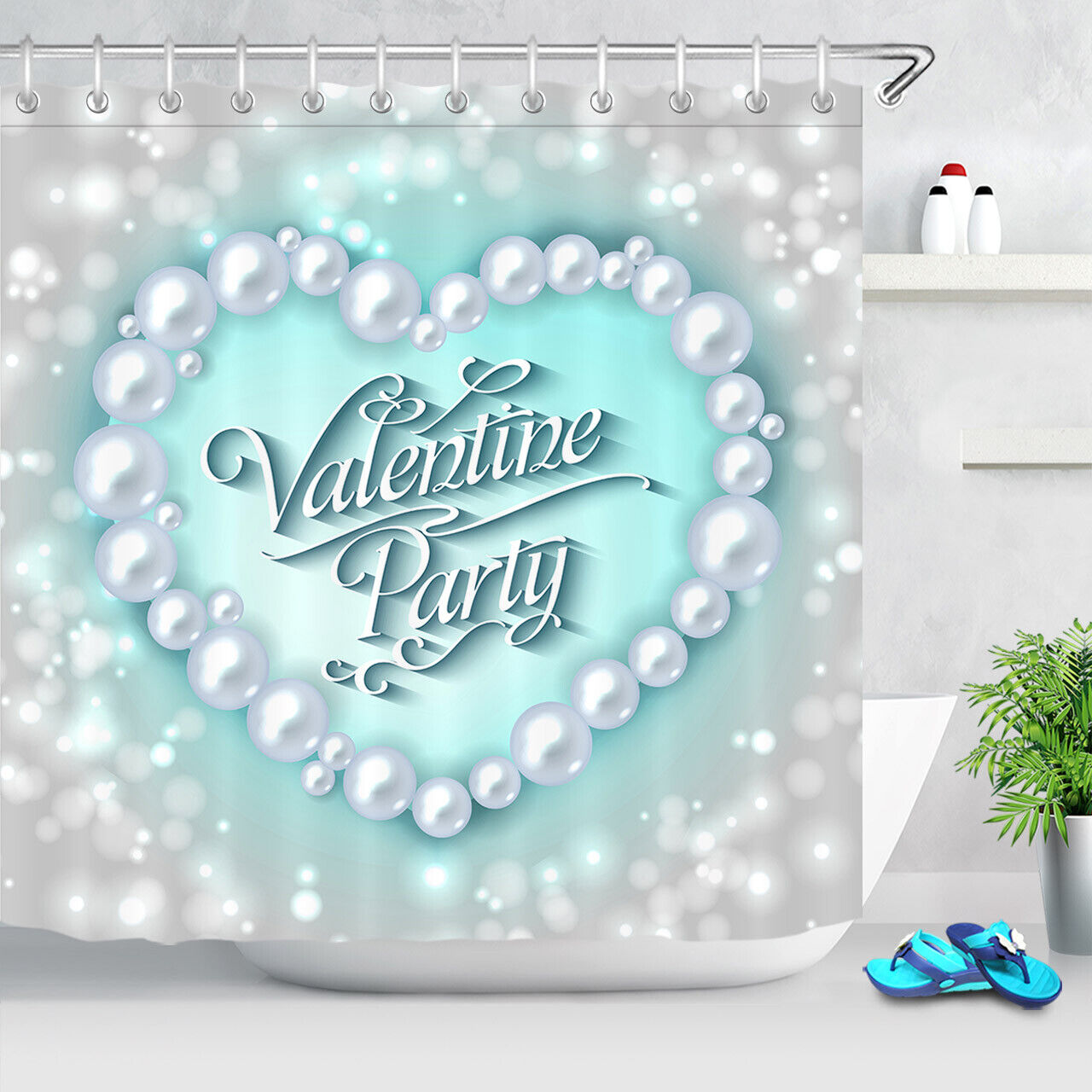 Heart Pearls Blue Light Spots Shower Curtain for Bathroom Decor on Valentine's Day