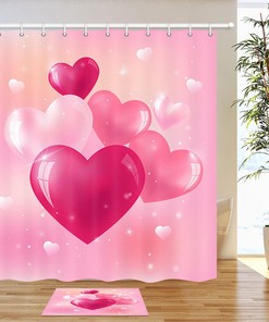 Heart Pink Balloon And Bees And Flowers Bathroom Decoration Shower Curtain With Cute Design