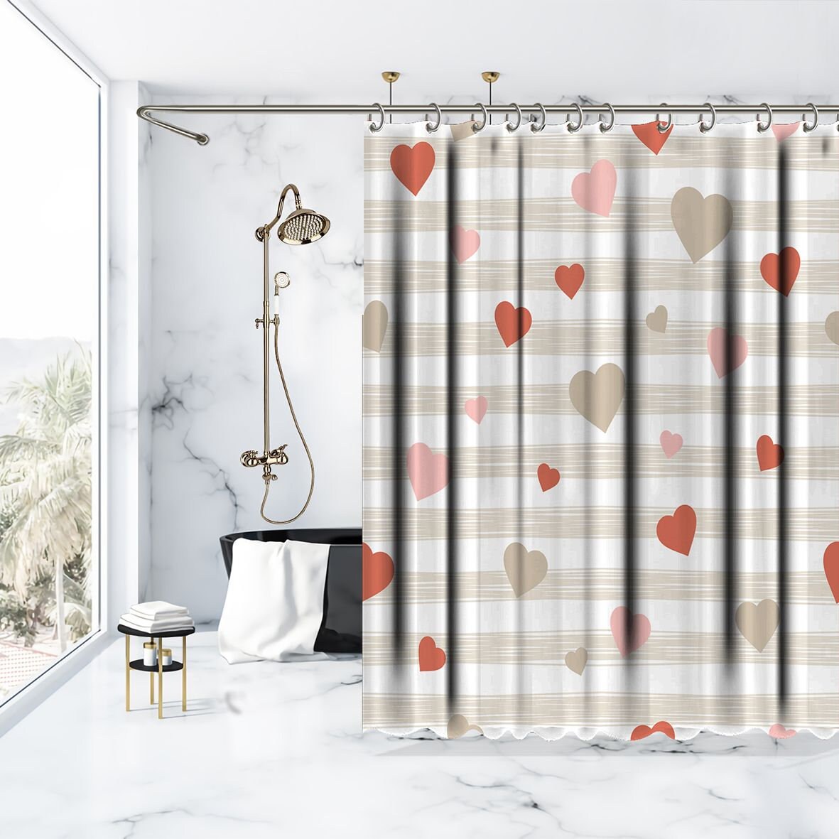 Heart Printed Waterproof Shower Curtain For Valentine'S Day Bath