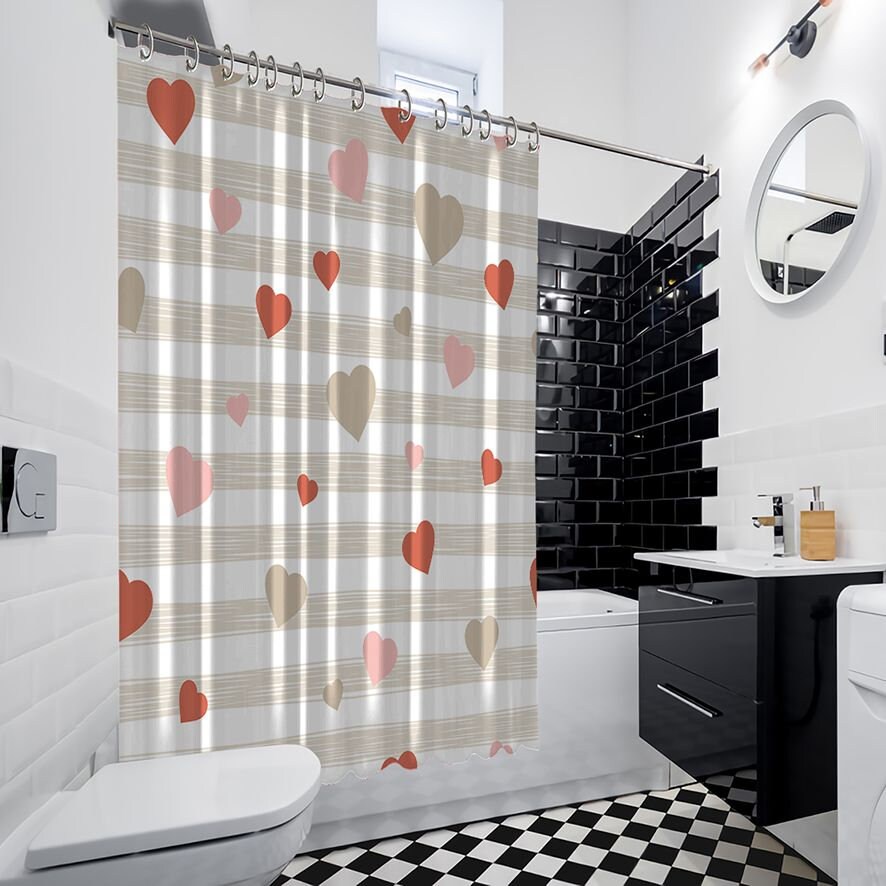 Heart Printed Waterproof Shower Curtain For Valentine'S Day Bath