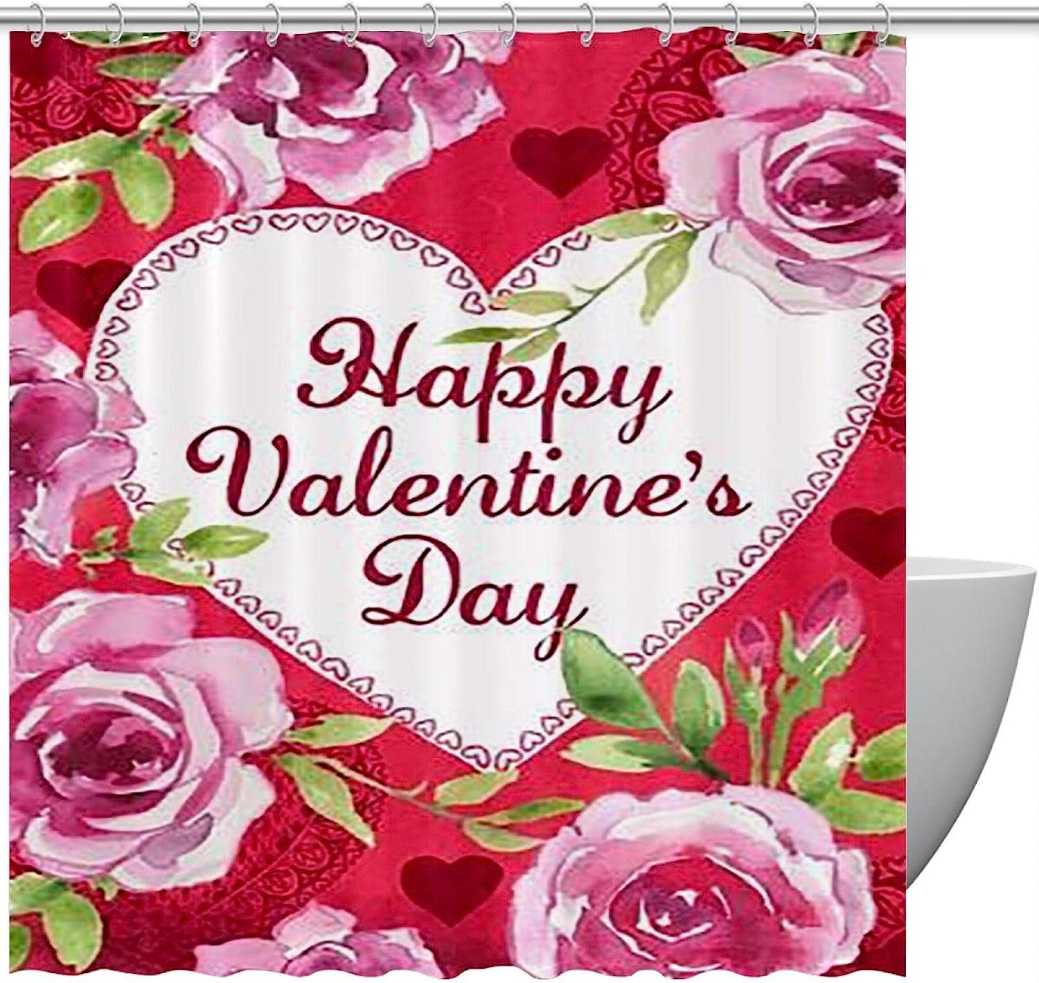 Heart Rose Flower Print Fabric Shower Curtain for Heartfelt Bathroom Decor