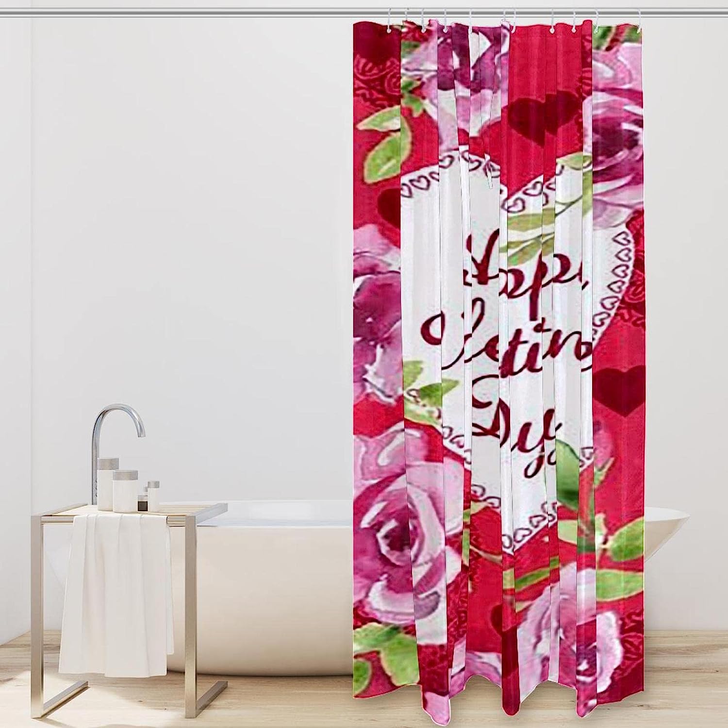 Heart Rose Flower Print Fabric Shower Curtain for Heartfelt Bathroom Decor