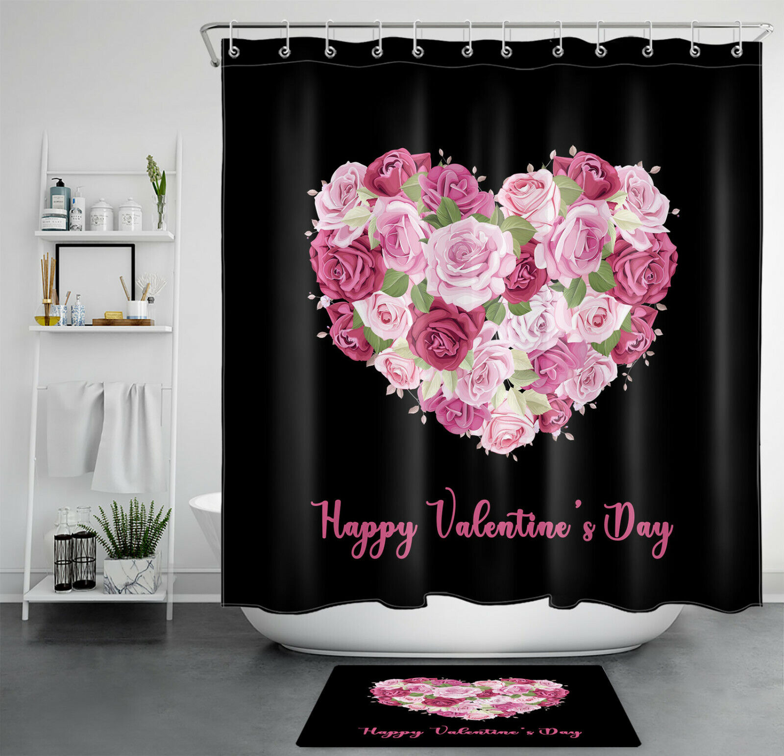 Heart Rose Flower Shower Curtain For Valentine'S Day Bathroom Decor