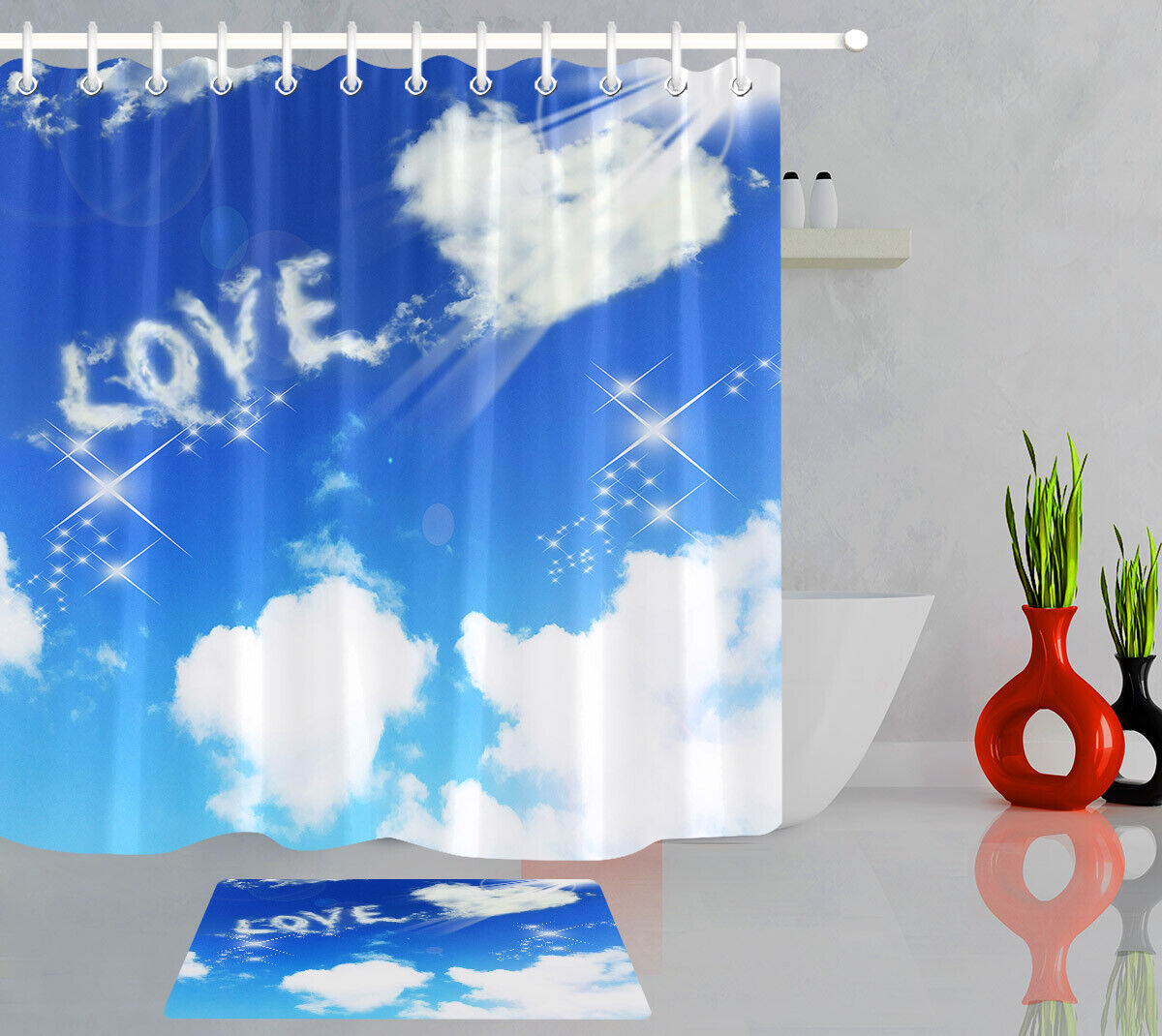 Heart Shape Cloud Blue Sky Shower Curtain for Bathroom Decor on Valentine's Day