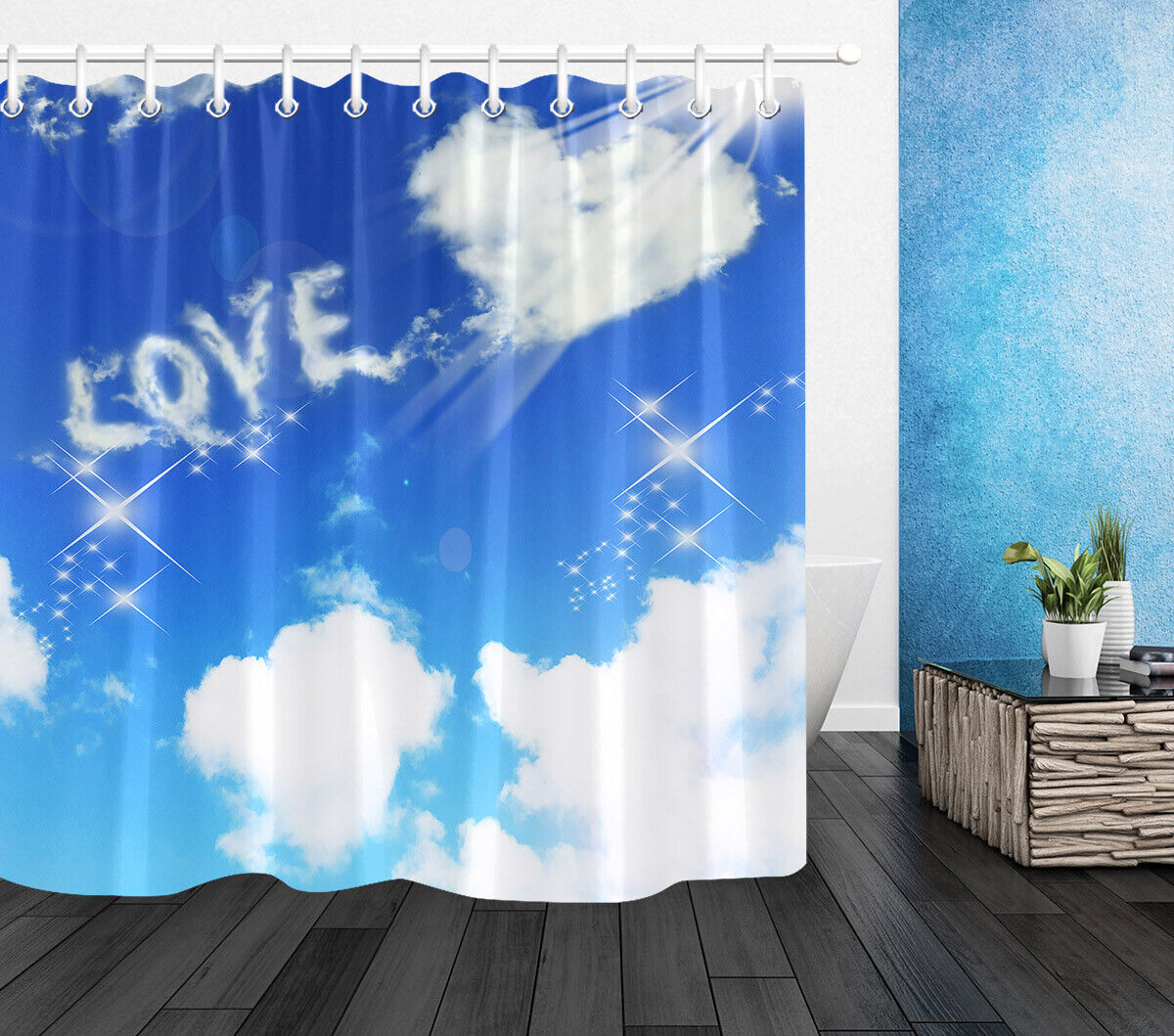 Heart Shape Cloud Blue Sky Shower Curtain for Bathroom Decor on Valentine's Day