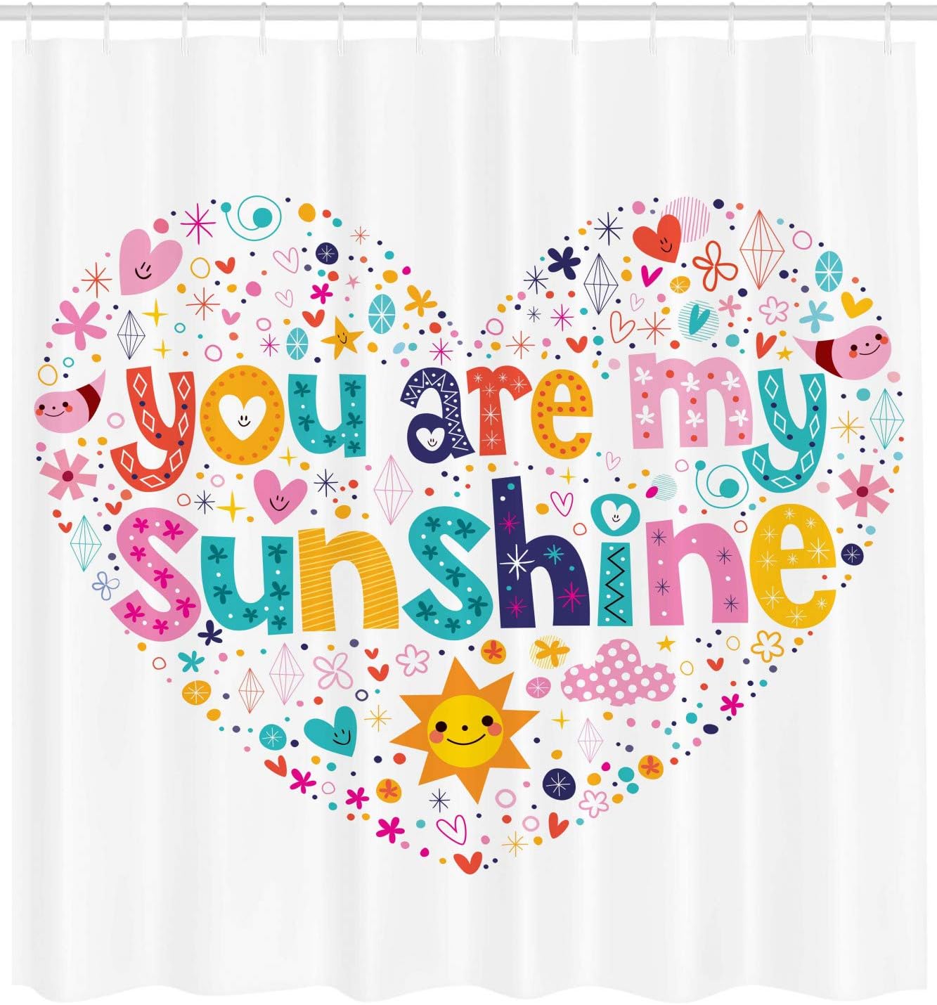 Heart Shaped Sunshine Words Stars Circle Sun Cloud Design Shower Curtain - Image 2
