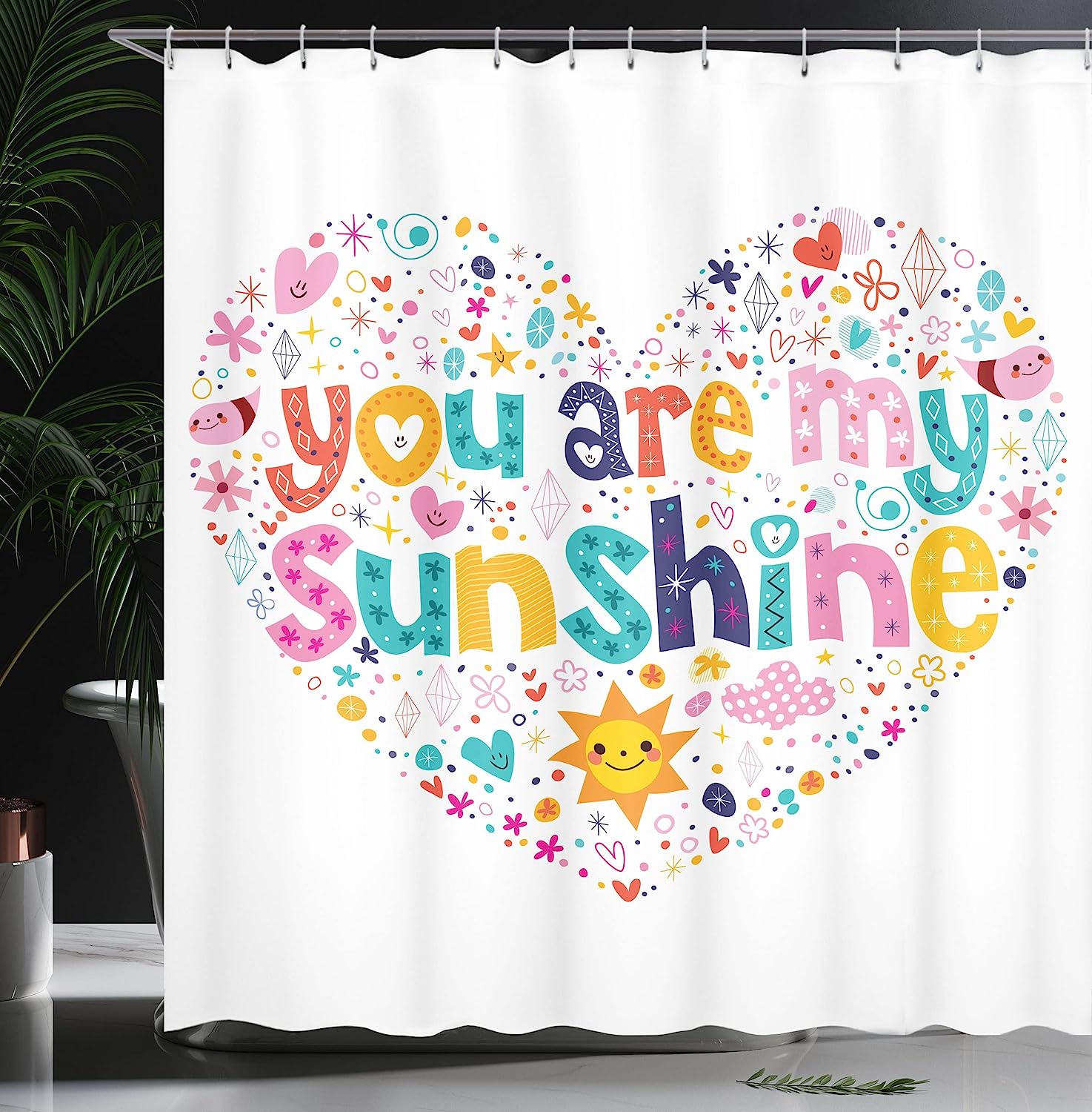 Heart Shaped Sunshine Words Stars Circle Sun Cloud Design Shower Curtain - Image 3