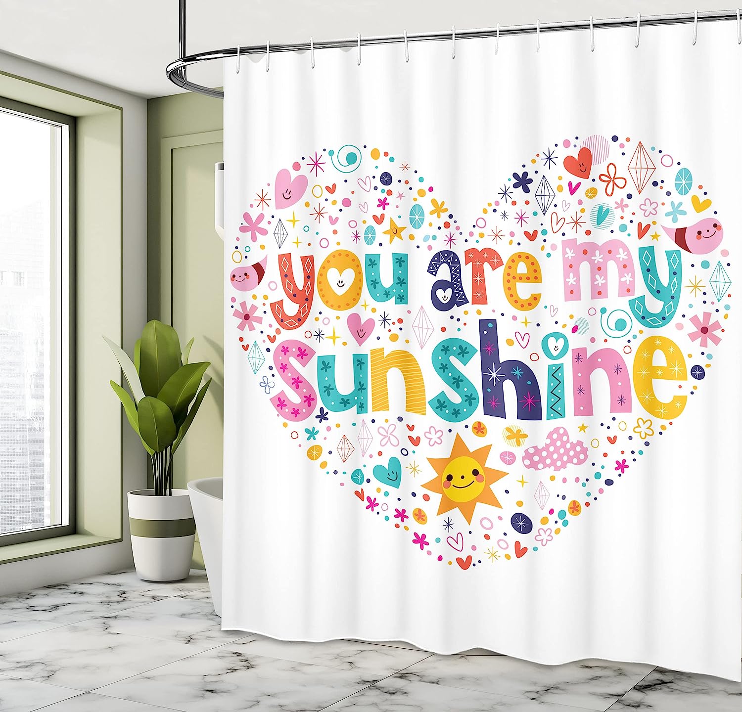 Heart Shaped Sunshine Words Stars Circle Sun Cloud Design Shower Curtain - Image 4