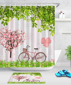 Heart Tree Bicycle with Flowers Shower Curtain for Bathroom Decor on Valentine's Day