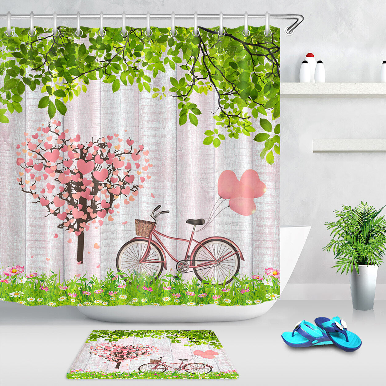 Heart Tree Bicycle with Flowers Shower Curtain for Bathroom Decor on Valentine's Day