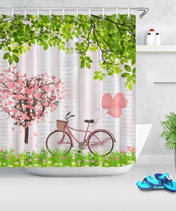 Heart Tree Bicycle with Flowers Shower Curtain for Bathroom Decor on Valentine's Day