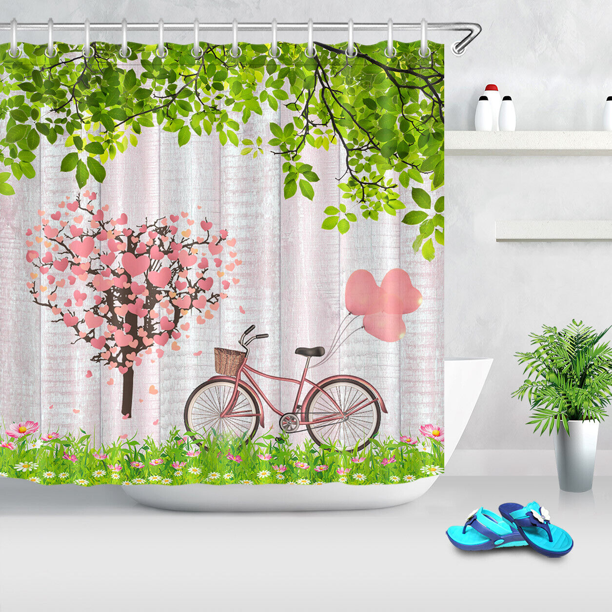 Heart Tree Bicycle with Flowers Shower Curtain for Bathroom Decor on Valentine's Day