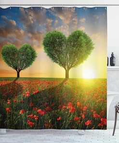 Heart Trees Poppies Shower Curtain | Valentine's Day Bathroom Decor