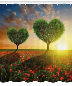 Heart Trees Poppies Shower Curtain | Valentine's Day Bathroom Decor