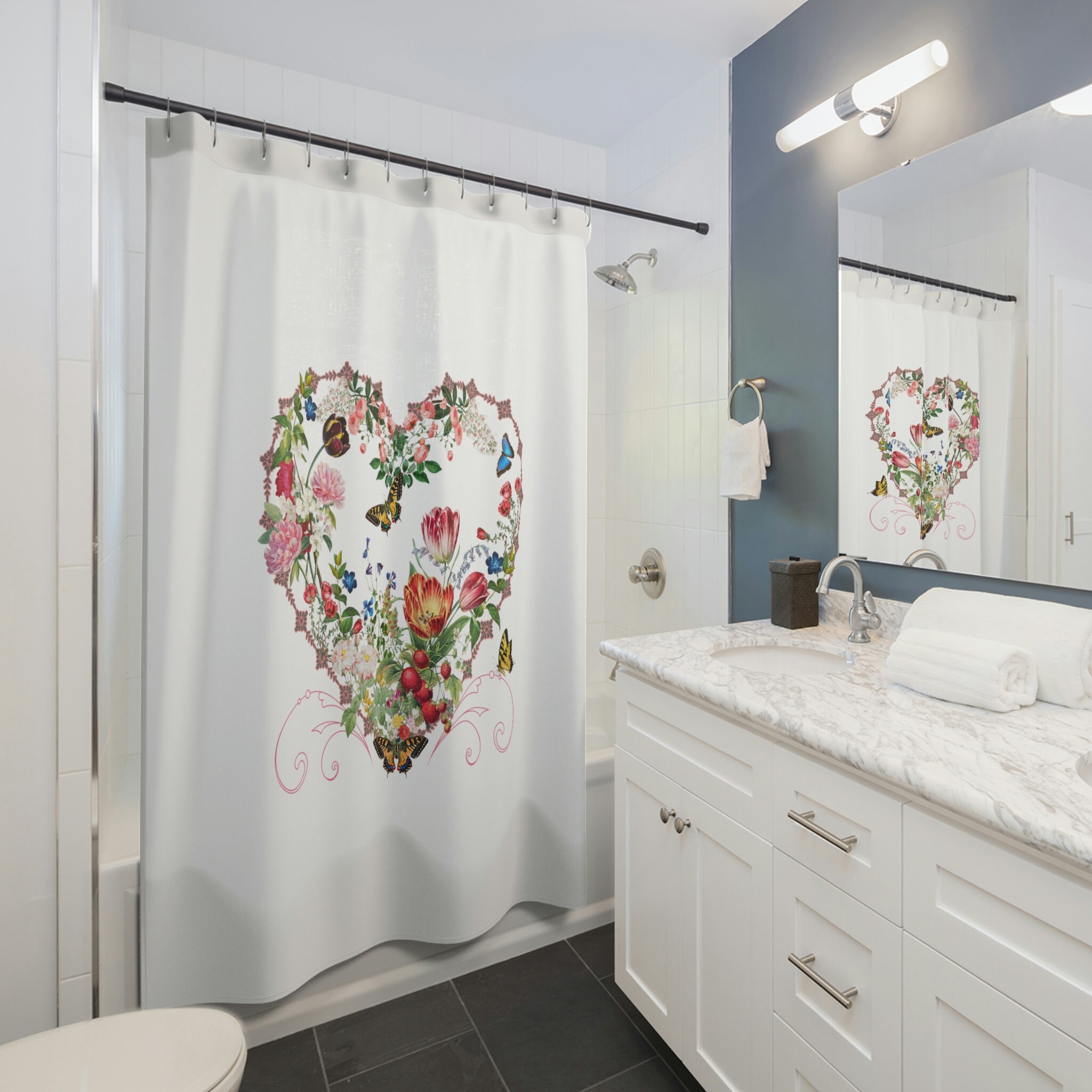 Heart-Shaped Flower And Butterfly Shower Curtain With A Touch Of Romance For Your Wedding Gift