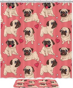 Heart-melting Pug Puppy Love Pattern Shower Curtain for Dog Lovers' Bathrooms