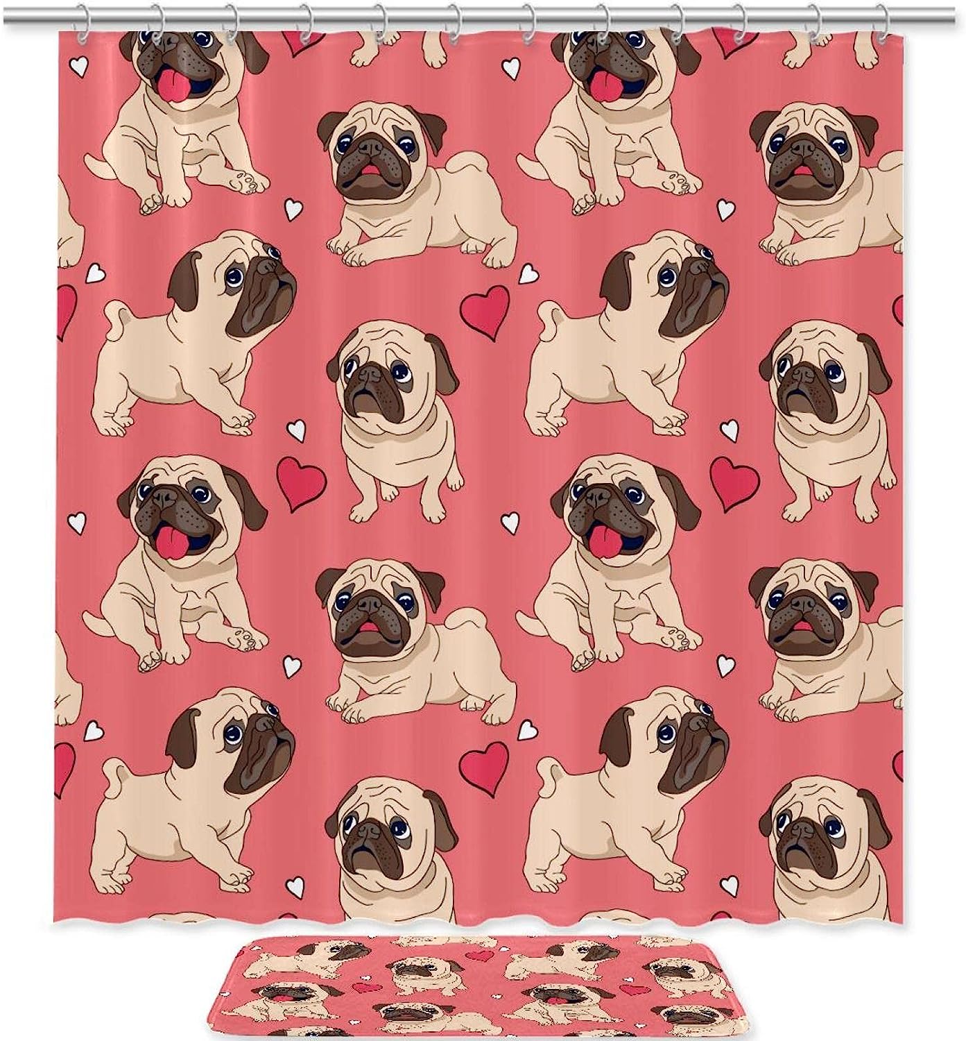 Heart-melting Pug Puppy Love Pattern Shower Curtain for Dog Lovers' Bathrooms