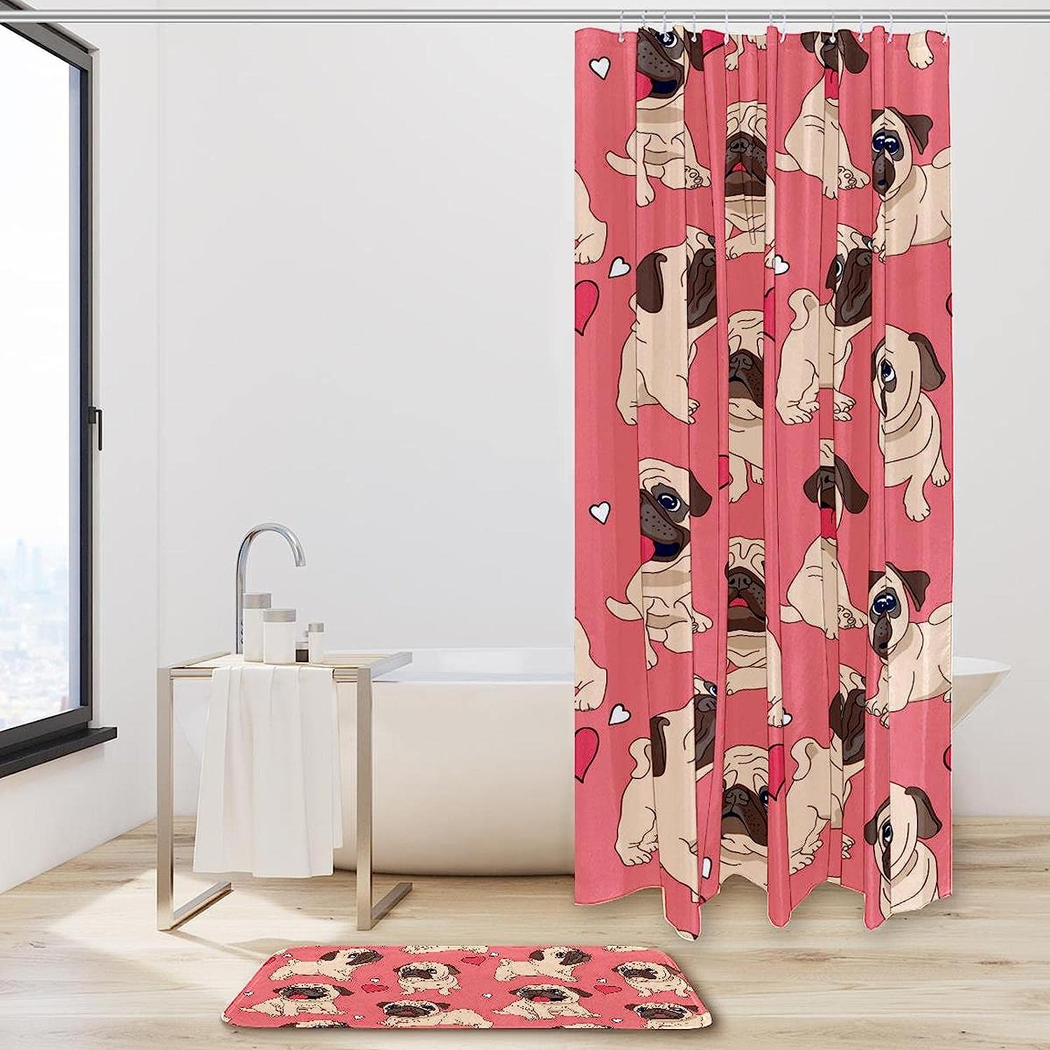 Heart-melting Pug Puppy Love Pattern Shower Curtain for Dog Lovers' Bathrooms