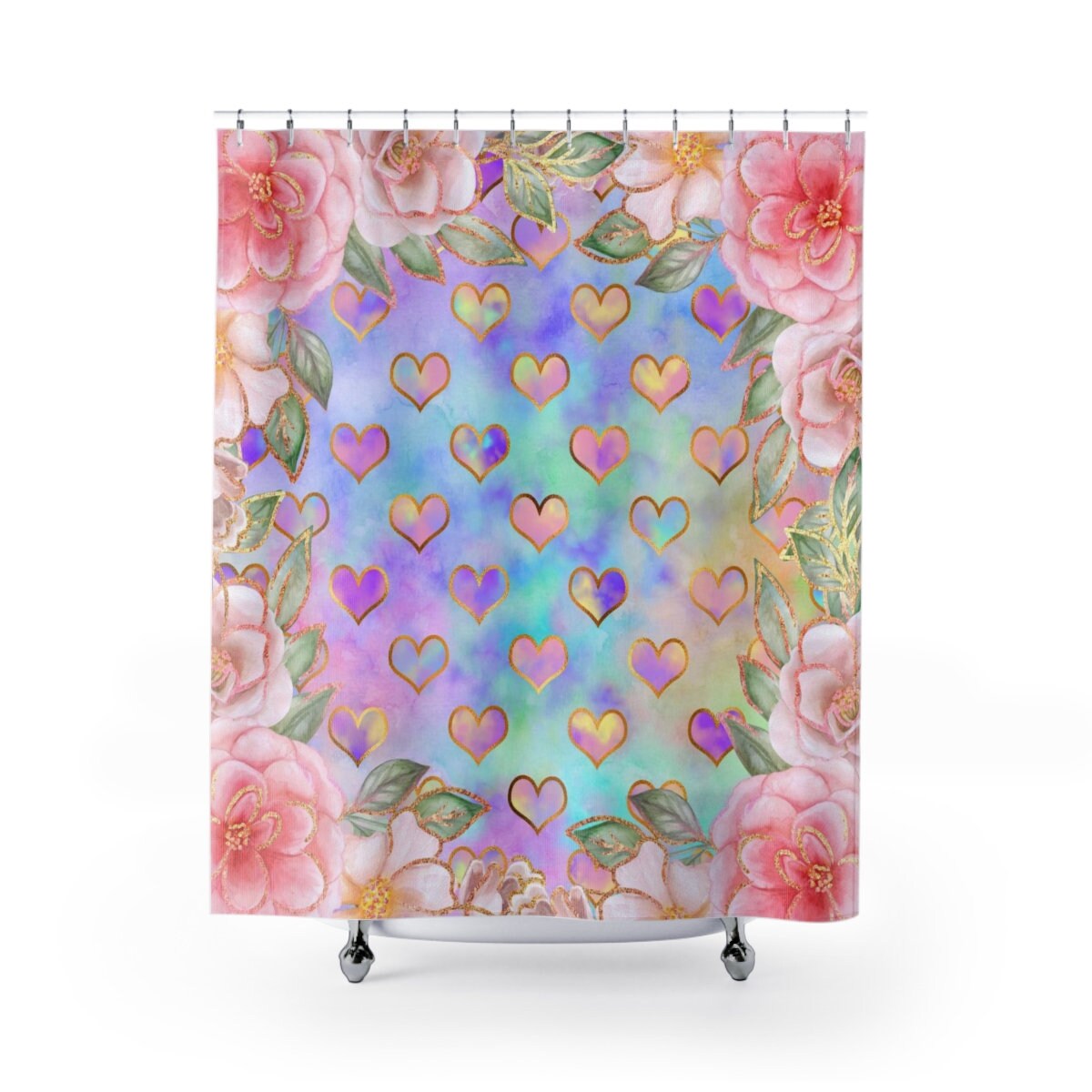 Hearts And Flowers Shower Curtain For A Boho Cottage Style Bathroom Decor
