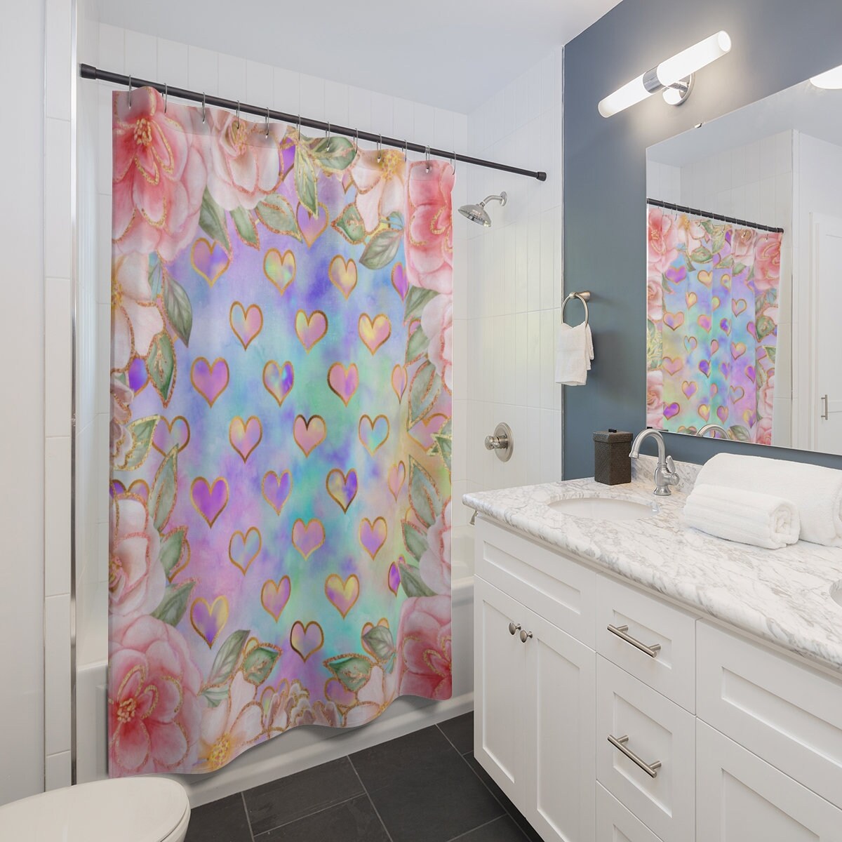 Hearts And Flowers Shower Curtain For A Boho Cottage Style Bathroom Decor