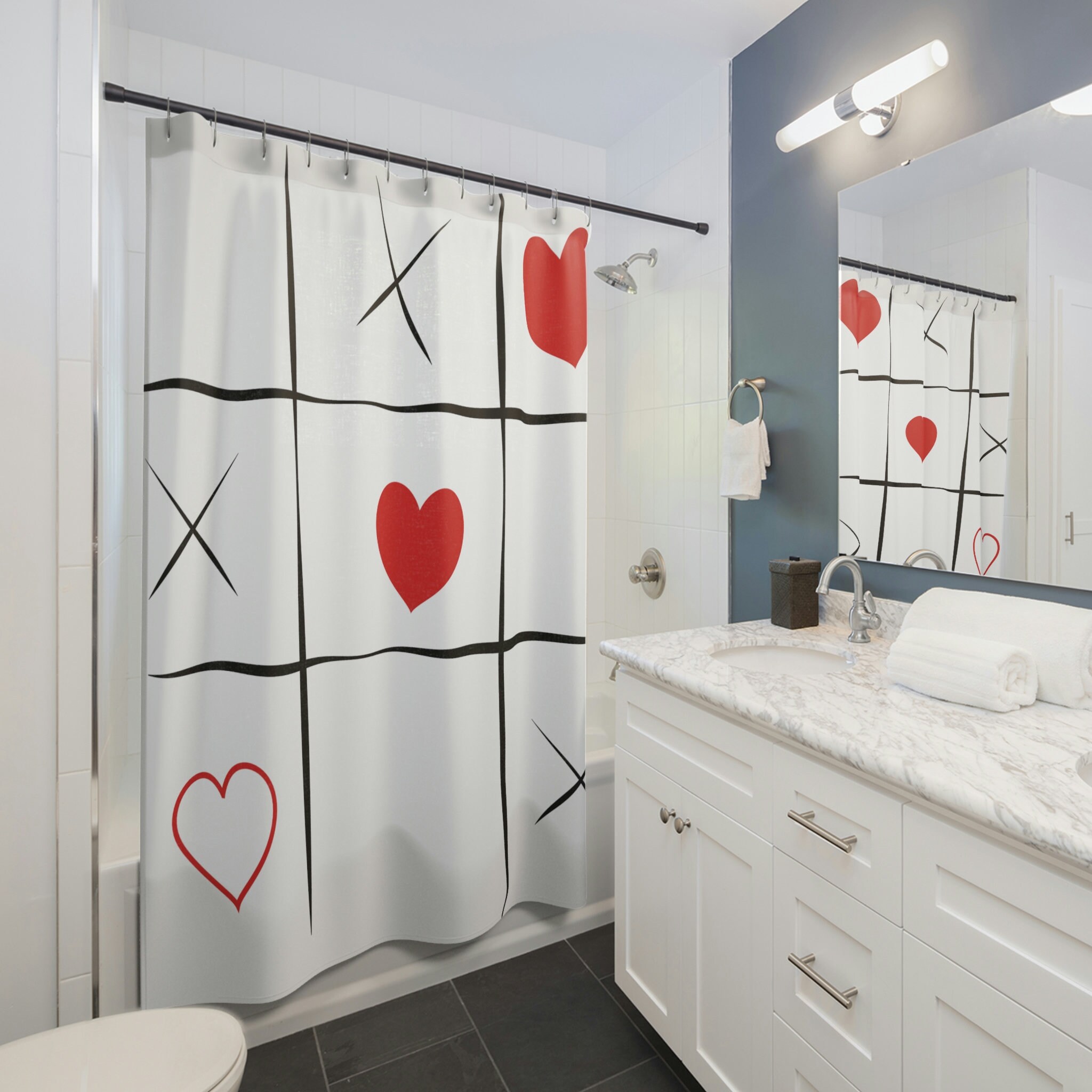 Hearts Tic Tac Toe Shower Curtain for Bathroom