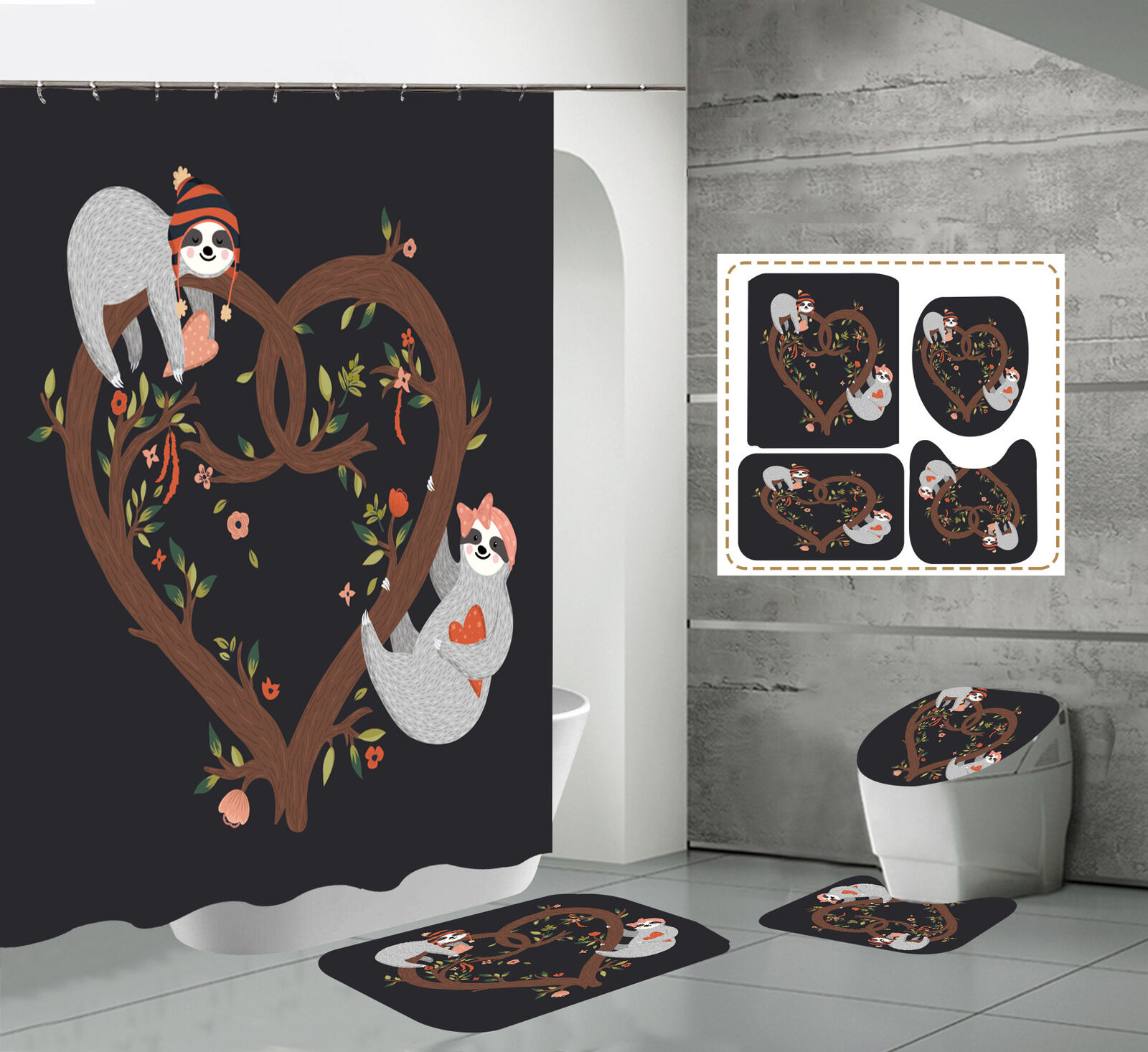 Heart-shaped Branch Flowers Sloth Shower Curtain, Add a Romantic Vibe to Your Bathroom