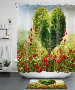 Heart-shaped Tree with Red Poppies and Flowers Shower Curtain for Valentine's Day
