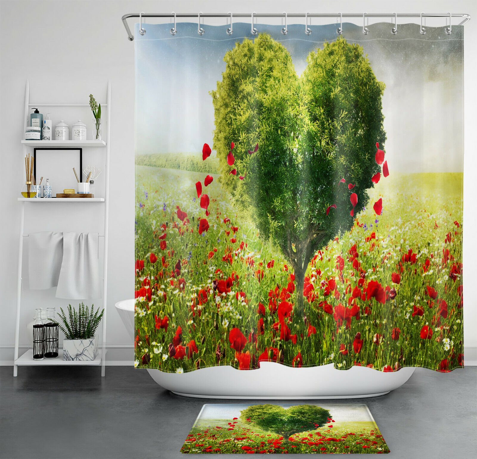 Heart-shaped Tree with Red Poppies and Flowers Shower Curtain for Valentine's Day