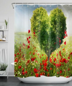 Heart-shaped Tree with Red Poppies and Flowers Shower Curtain for Valentine's Day