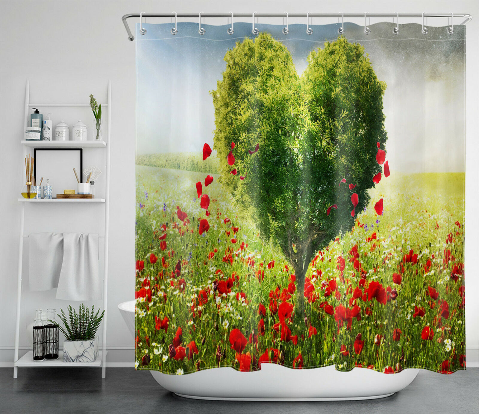 Heart-shaped Tree with Red Poppies and Flowers Shower Curtain for Valentine's Day