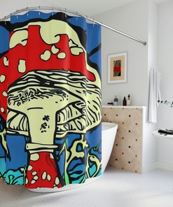 Heavy Duty Bath Curtains with Magic Mushrooms Pattern - For Unique and Decorative Bathroom Privacy. 
